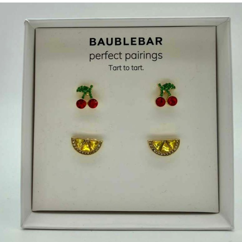 BaubleBar Pave Crystal Fruit Rings Set - Cherry & Lemon - Gold Tone - NWT